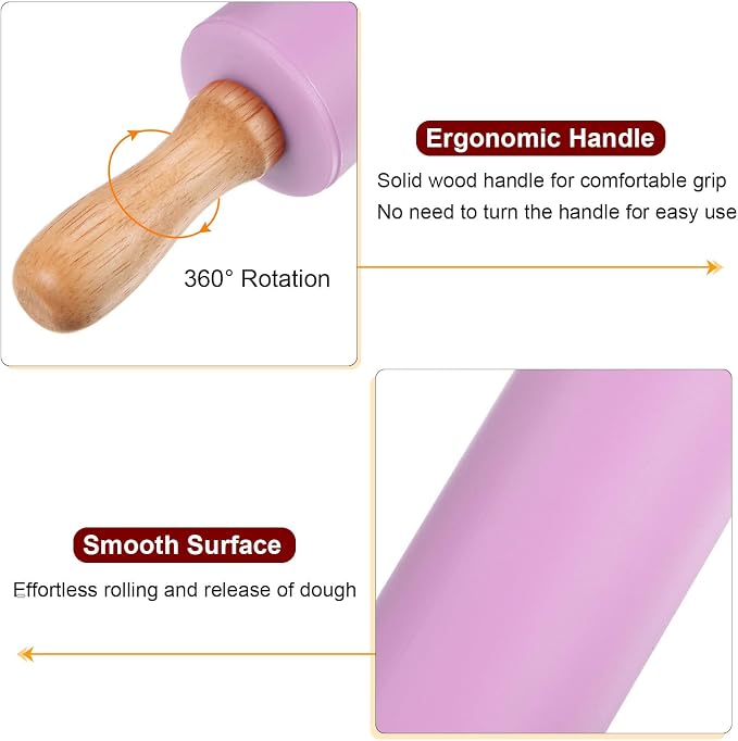 HARFINGTON 3pcs Silicone Rolling Pins for Baking 9.25 Inch Non-Stick Silicone Surface Wooden Handle Rolling Pin Small Roller Playdough Rolling Pins for Dough Pizza, Green/Red/Ppurple