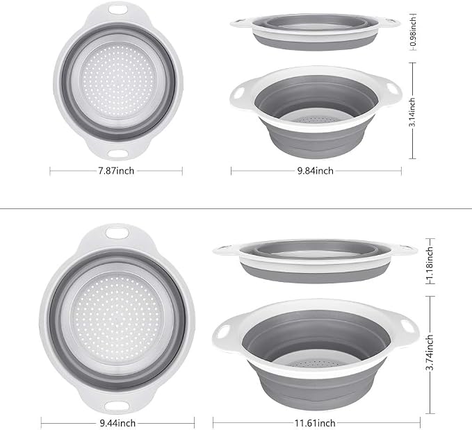 QiMH Collapsible Colander and Strainer Set of 3-2 PC 4 Quart(1 gal) and 1 PC 2 Quart(0.5 gal) - BPA Free & Dishwasher-safe Silicone Kitchen Foldable Strainer for Pasta, Veggies