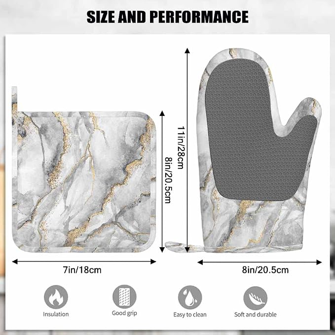 Mxocom White Marble Oven Mitt and Pot Holder with Silicone Fashion Marbling Granite Stone Gold Black Gray Heat Resistant Kitchen for Cooking BBQ Baking Grilling Spring/Summer