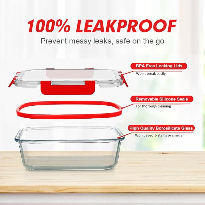VERONES 12 Packs Glass Food Storage Containers Set with Lids, Red | Airtight Glass Lunch Containers, Glass Meal Prep Containers with Lids, for Microwave, Oven, Freezer & Dishwasher Friendly