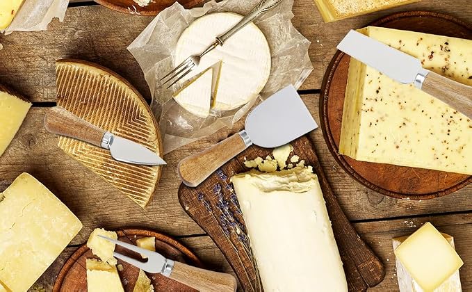 Cheese Knives 6 Set with Wooden Handle, Mini Steel Stainless Cheese knife set for Charcuterie and Cheese spread Mini Serving Tongs Spoons Forks Toothpick Flags for party Wedding Christmas
