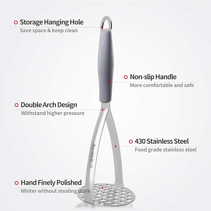Joyoldelf Heavy Duty Stainless Steel Potato Masher, Professional Integrated Masher Kitchen Tool & Food Masher/Potato Smasher with Silicone Handle, Perfect for Bean, Vegetable, Fruits, Avocado, Meat