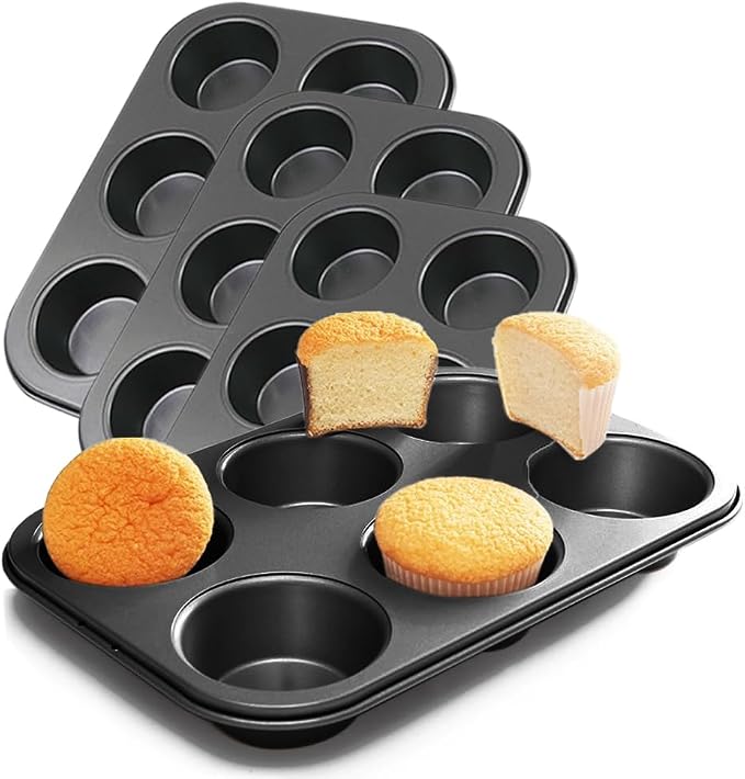4 Packs Premium Steel Muffin Pan for Baking, Round Muffin Baking Pan, Baking Tray for Muffins, Cupcakes, Brownie(Black