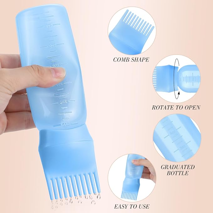 Pimoys 6Oz Root Comb Hair Dye Oil Applicator Bottles for Scalp, Blue | Plastic Squeeze Bottle Dispenser with Graduated Scale, Comb Tip Applicator For Hair Coloring Scalp Oiling, Home Salon Use