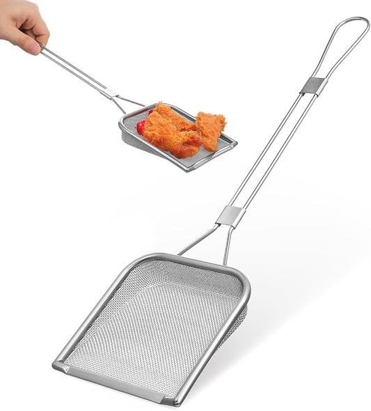 STOBAZA Fine Mesh Skimmer Spoon for Hot Pot and Frying Stainless Steel Fat Skimmer with Long Handle and Hanging Hole Food Strainer for French Fries Poached Eggs Vegetables and Meat 16.92 X 5.11 Inch