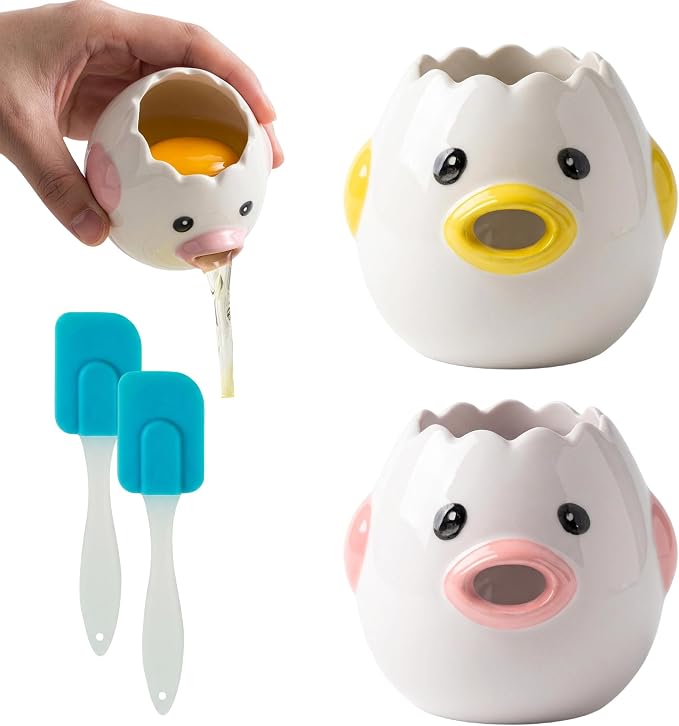 Upgraded 2X Faster Egg Separator Set, 2 Ceramic Chick Separators with 2 Silicone Flow-Assist Scraper, Fast Egg White/Yolk Separation for Efficient Kitchen Prep