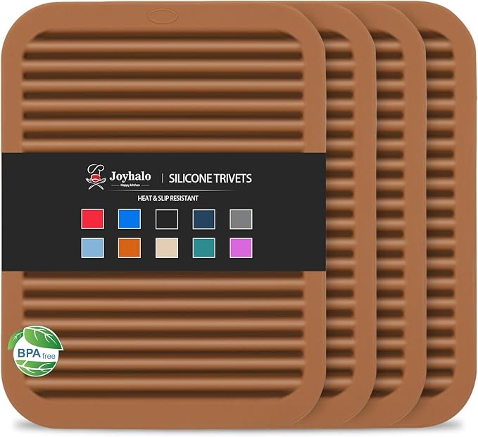 4 Pack Square Silicone Trivets | Hot Pads for Kitchen, Hot Pots and Pans, Hot Dishes, Countertops, Heat Resistance to 480°F, Brown