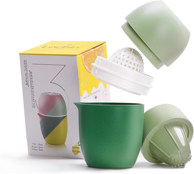 Lechin Hand Juicer, Lemon Squeezer, Two Squeezing Options, Green | Unique lemon shape, for various fruits, dishwasher-safe, with strainer and container, 480 ml