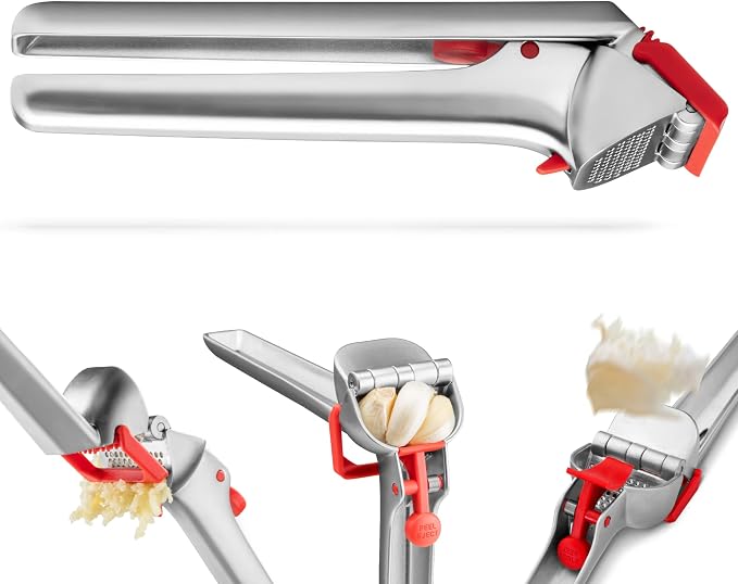 Dreamfarm Garject 2-In-1 Garlic Peeler, Garlic Press & Mincer with Garlic Peel Ejector, Chrome-Plated Zinc - Red | No-peel mincer with skin eject button, crushes up to 3 cloves, dishwasher safe, durable chrome-plated zinc