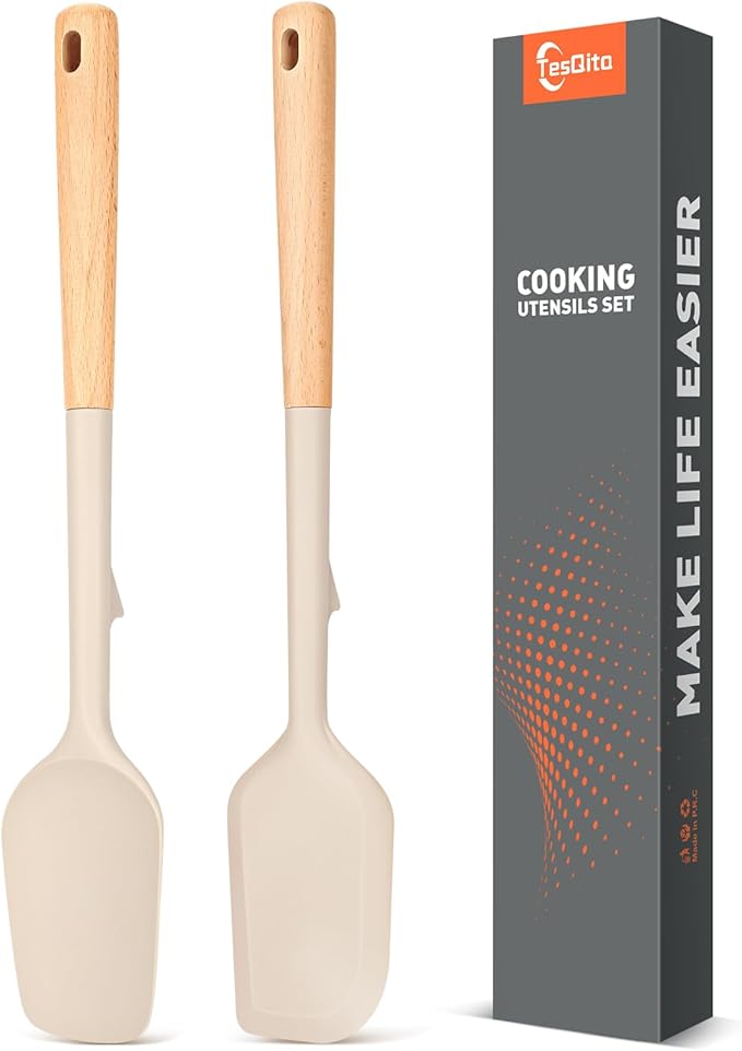 Large Silicone Rubber Spatula Scrapers 14" with Long Wood Handle, Heat Resistant, Essential Baking Tools for Mixing, Stirring, Scraping, Spreading for Nonstick Cookwares, Pack of 2 (Khaki)