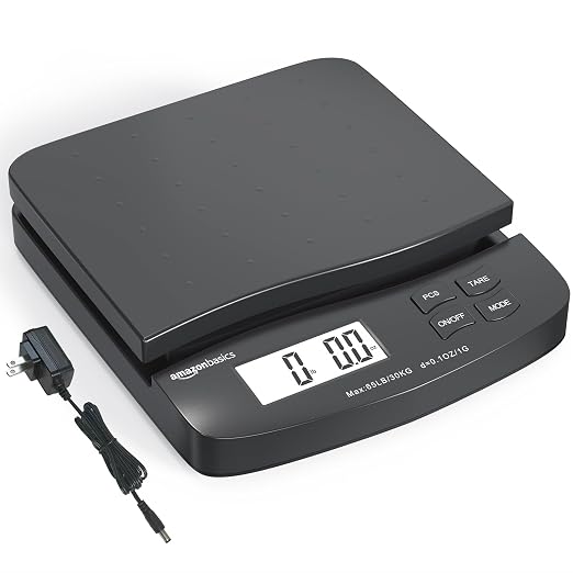 Amazon Basics Digital Postal Shipping Scale with Tare Function, AC Adapter, 65 lb Capacity, 0.1 oz Readability, LCD Display, Black