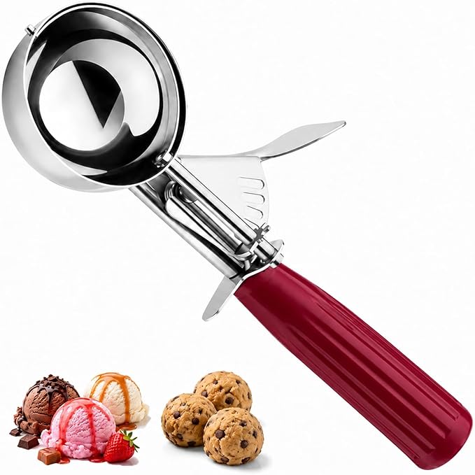 1.33oz Ice Cream Scoop with Trigger #24 - Stainless Steel Cookie Scoop for Baking, Portion Scoop for Cookie Dough, Cupcake, Mashed Potatoes - Easy Portion Control, Comfortable Non-Slip Handle (Red)