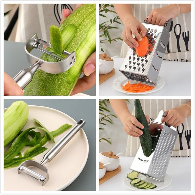 4 Sides Box Grater For Kitchen,Stainless Steel Cheese Grater With Handle,Multi-Function Vegetable Slicer Food Shredder For Chees,Ginger,Vegetables,Dishwasher Safe, Silver