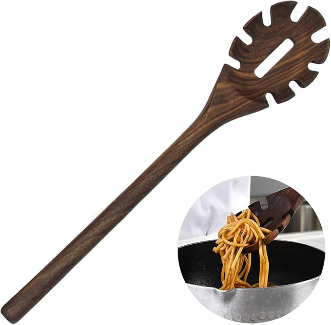 13.5" Walnut Wood Spaghetti and Pasta Server, Large Wooden Spaghetti Spoon Server, Long Handle Wooden Pasta Spoon with Teeth, Ideal Pasta Forks, Walnut Wood Cooking Utensils