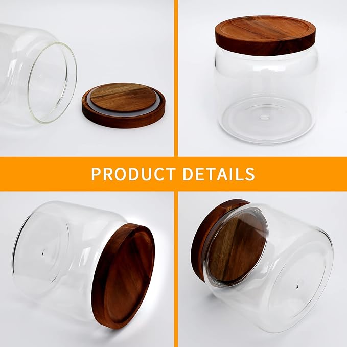 33oz 4pack Glass Food Storage jars with Wooden Lids,Glass Canisters | Glass Pantry Storage Containers Sets for Sugar,Tea,Coffee,Snack,Spice,Herbs,Cookie