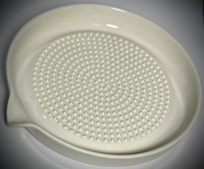 BonCera, Premium Ceramic Garlic Grater Plate 3-Piece Set - Large White Modern Design and Style - For Garlic, Ginger, Chocolate, and more! - Comes with 6" Plate, Peeler, and Brush