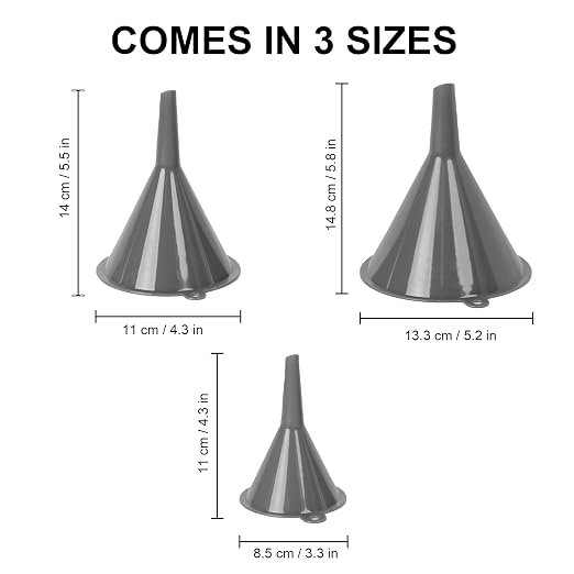 Plastic Kitchen Funnel Set of 3 with Brush – BPA Free Food Grade Funnels for Filling Canning Bottles Oil, Multifunctional for Cooking Lab Automotive, Gray