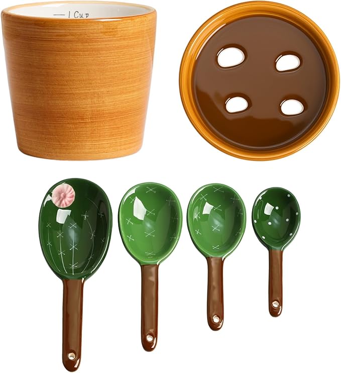 Sizikato 4pcs Porcelain Measuring Spoons with Base, Cute Cactus Shape