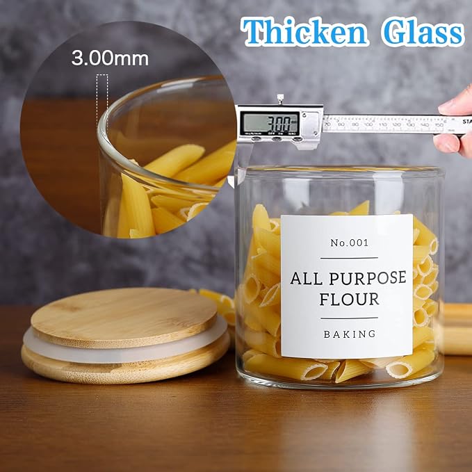 20 OZ Glass Food Storage Jars with 132 Pantry Labels Preprinted - 6 Pcs Thicken Glass Storage Containers with Airtight Bamboo Lid - Clear Kitchen Canister for Spice, Tea, Coffee, Sugar, Cookie, Candy