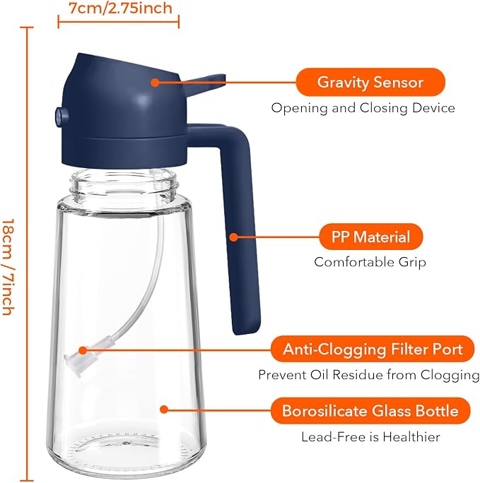 YARRAMATE 16 oz 2-in-1 Glass Olive Oil Sprayer for Cooking, Black&Navy | Food-grade dispenser bottle, 470 ml, spray and pour, portion control, stickers included, for salad, frying and BBQ