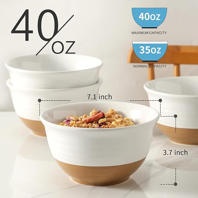 HASENSE Large Ceramic Soup Bowls Set of 4, 40 Oz 7 Inch White & Terracotta Stoneware Mixing Bowls, Farmhouse Bowls for Cereal, Salad, Pasta & Ramen, Dishwasher & Microwave Safe