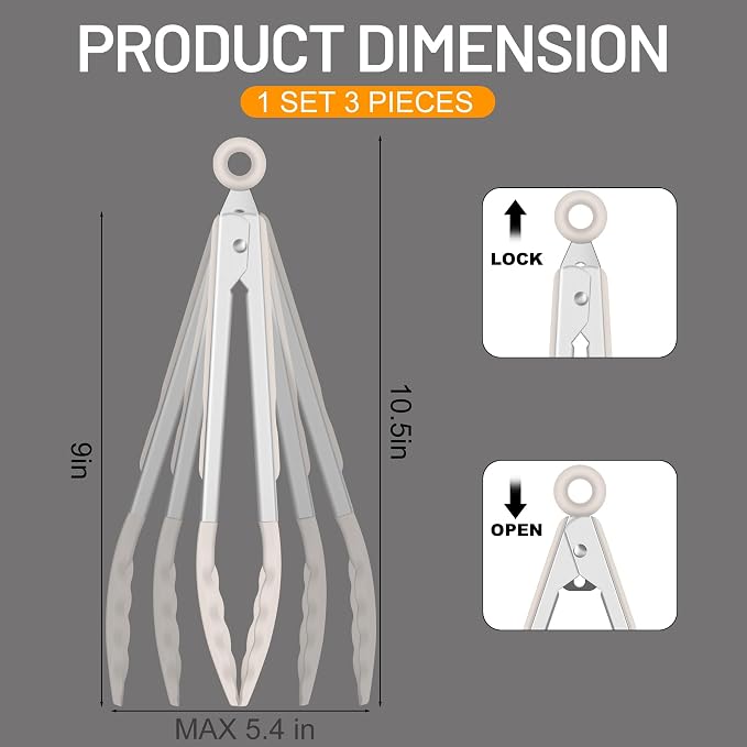 Hotec Silicone Kitchen Tongs for Cooking, 9-Inch, Set of 3, Khaki | Serving Tongs with Silicone Tips, Heat Resistance 600°F, Non-Slip Grip, Durable Spring Locking Mechanism