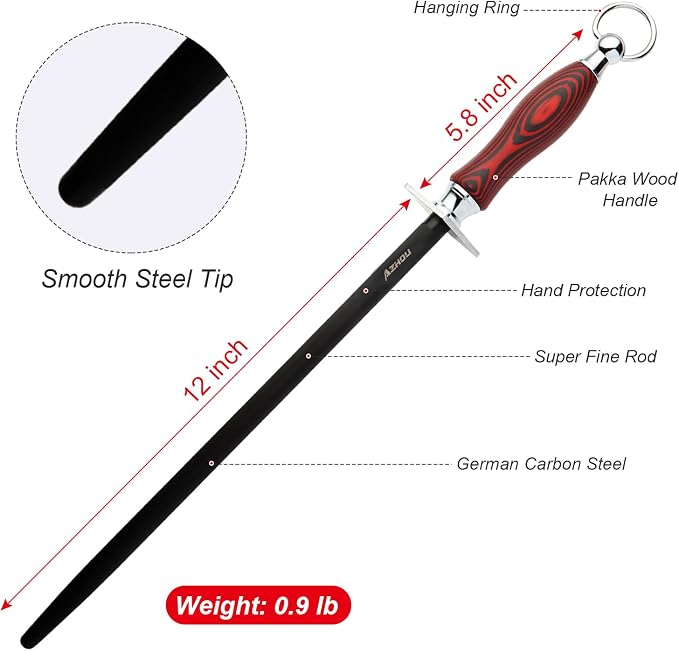 Azhou 12" Professional Knife Sharpener Steel Rod - German Carbon Steel (HRC 66±1), Fine 300 Grit for Kitchen & Chef Knives, Easy to Use with Non-Slip Wooden Handle & Gift Box