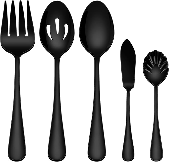 EUIRIO 5 PCS Serving Utensils Set, Large Stainless Steel Spoons Forks, Sugar Spoon and Butter Knife, Great for Hostess Buffet Catering Banquet Party, Mirror Polished, Dishwasher Safe, Black