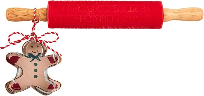 Mud Pie Rolling Pin, Merry Christmas; pin 1 3/4" x 12" | cutter approx 3 1/4" x 3 1/4"