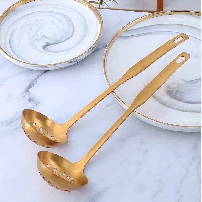 Buyer Star 2 Pcs Soup Ladle Spoons, Gold Cookware Serving Long Handle Steel Slotted Spoon Cooking Utensil Set for Hotpot