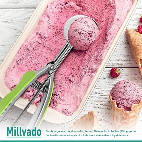 Millvado 3 Pack Stainless Steel Ice Cream and Cookie Scoops | With Green Rubber Grips – Spring Loaded Lever Design – For Sorbet, Melon, Meatballs, Muffins, and More – Includes 1 Oz, 2 Oz, 3 Oz Scoop