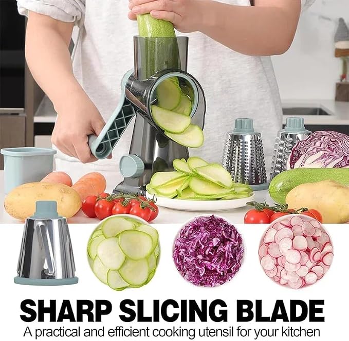 XUANYILA Rotary Cheese Cheese Grater Hand Crank Vegetable Cheese Grater for Kitchen 3 Changeable Blades for Cheese Potato Zucchini Nuts Chocolate - GreyBlue