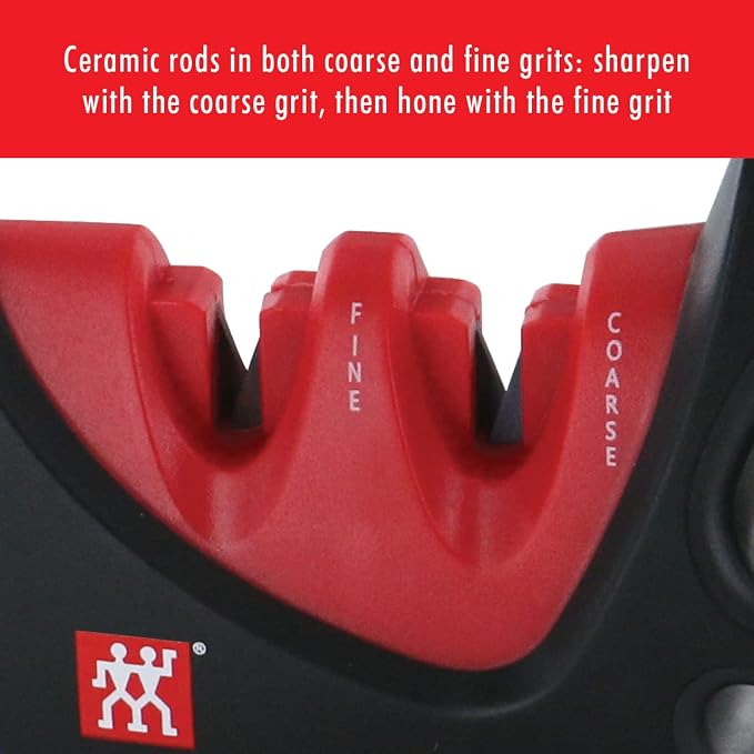 ZWILLING 4-Stage Pull Through Knife Sharpener | Manual Kitchen Sharpener with Coarse and Fine Ceramic Rods, Non-Slip Ergonomic Design for Western and Asian Knives