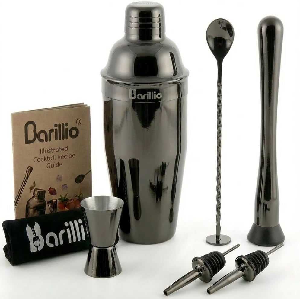 Barillio Black Mixology Bartender Kit - 8 pcs Stainless Steel Travel Cocktail Shaker Set with Bag - Bar Tools Set & Martini Shaker, Drink Mixer Spoon & Mojito Muddler for Cocktails, Pourers & Jigger