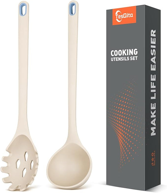 Silicone Spaghetti Spoon&Soup Ladle Cooking Utensils Set of 2,No Scratch for Nonstick Cookware,BPA Free, 450℉ Heat Resistant (KHAKI)
