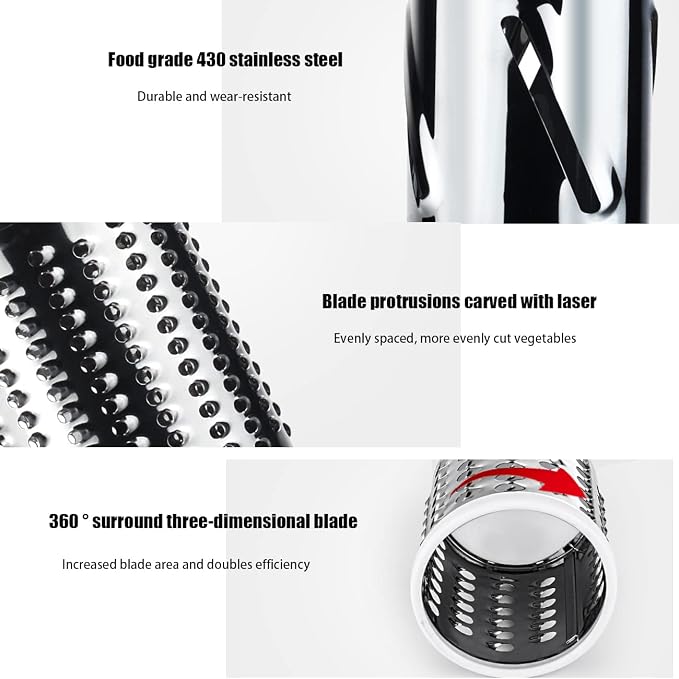 Handheld Rotary Cheese Grater Shredder- 3 Interchangeable Stainless Steel Drum Blades Manual Round Mandolin Vegetable Slicer Nut Grinder with Upgraded Strong Suction Base & Free Sharp Peeler, Black