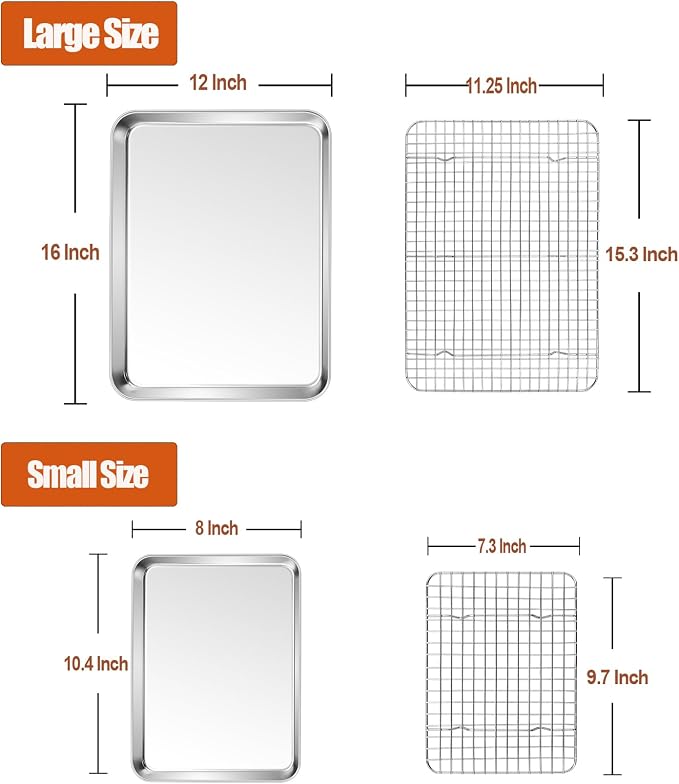 P&P CHEF 16 + 10.4 Inch Baking Sheet Pan and Cooking Rack - 4 Pieces | 2x Cookie Sheet + 2x Grid Rack, Stainless Steel Oven Tray with Wire Rack for Oven Baking, Healthy & Sturdy & Easy to Clean
