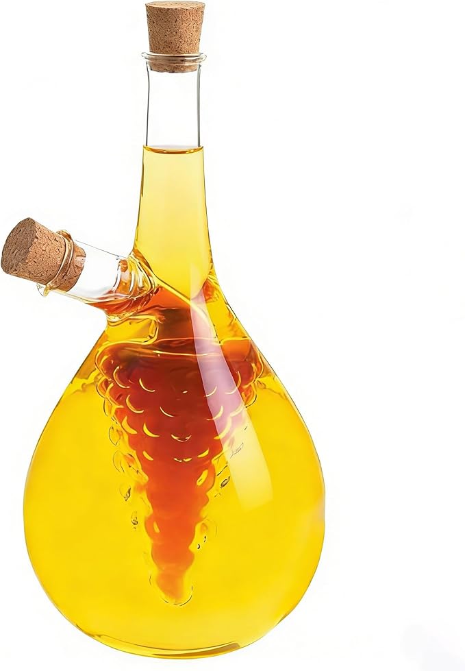 ELETON Grape Motif 2 in 1 Glass Oil and Vinegar Dispenser – Dual Chamber Cruet Bottle for Olive Oil & Balsamic, Leakproof Kitchen Container with Cork Stopper