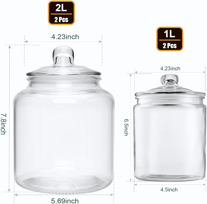 Salzesfalls Glass Storage Containers, Clear Glass Jar with Lids Set of 4 | 2 Pack 32oz and 2 Pack 64oz Cookie Jar & Candy Jar with Airtight Lid, Kitchen Canisters for Pantry, Flour, Coffee bean, Pasta