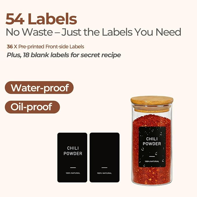 ComSaf Glass Spice Jars 4oz 16 Pack, Small Seasoning Containers with labels | Round Spice Jars with 54 Labels, Kitchen, Spice Rack Organization, Loose Tea, Herbs, Powders, Salt,Chili, Dry Goods, BPA Free