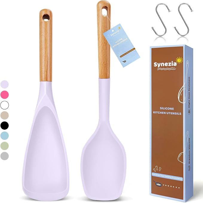 Large Silicone Cooking Spoons Set, 2 Pcs Heat Resistant Serving Spoon, Multifunction Nonstick Spatula Spoon for Mixing, Stiring, Basting, Scooping,Scraping (Lilac Dream)
