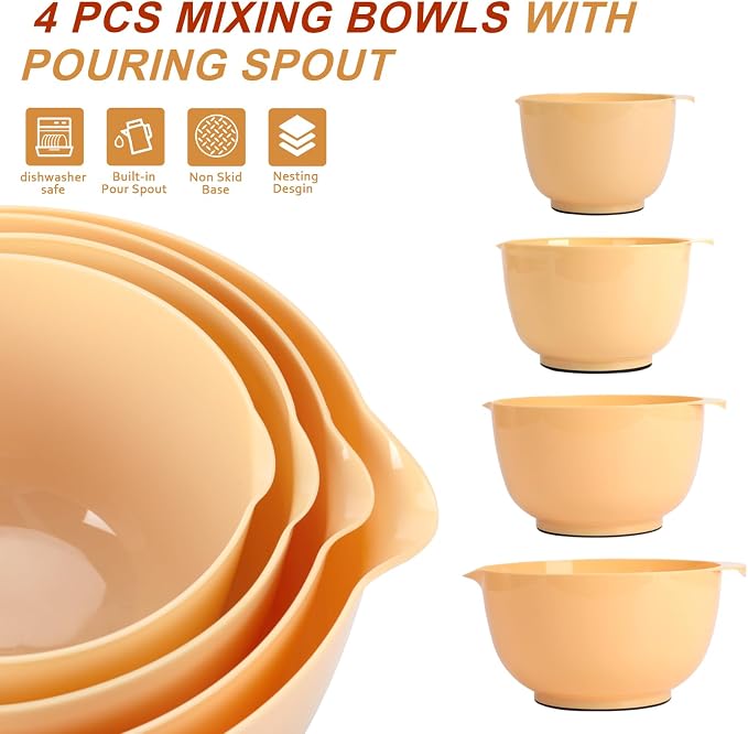 BoxedHome Classic Mixing Bowls Set of 4, BPA Free Plastic, Microwave Safe | 4.5, 3.5, 2.5 and 1.7 QT, Non-slip Base Large Non-toxic Nesting Bowl with Pour Spout, Dishwasher Safe, for Prep, Cooking