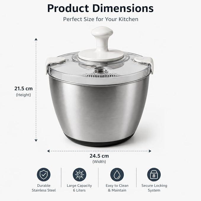 Stainless Steel Salad Spinner Large Capacity 5Qt – Hand Crank Vegetable Washer & Dryer with One-Touch Stop, Drainage Spout, Non-Slip Base – Dishwasher Safe Kitchen Tool for Lettuce & Fruit