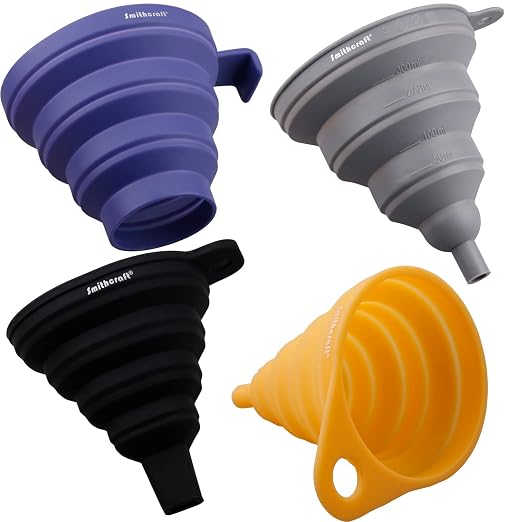 Funnel Set 4, Silicone Funnels for Kitchen, Collapsible Funnels for Water Bottle, Liquid Transfer Folding Camping Funnel with Narrow and Wide Mouth