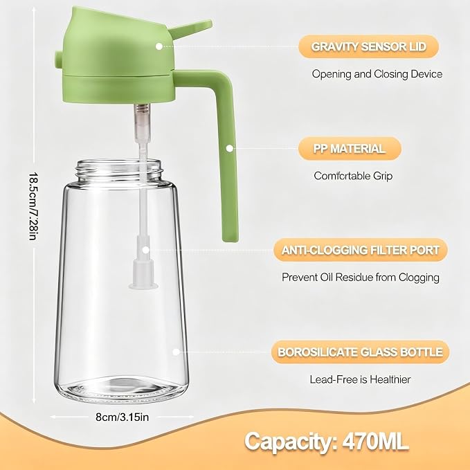 2 in 1 Olive Oil Spray Bottle, 470ml/16oz Glass Oil Sprayer for Home and Kitchen, Olive Oil Dispenser Bottle for Air Fryer, Salad, BBQ (Green)