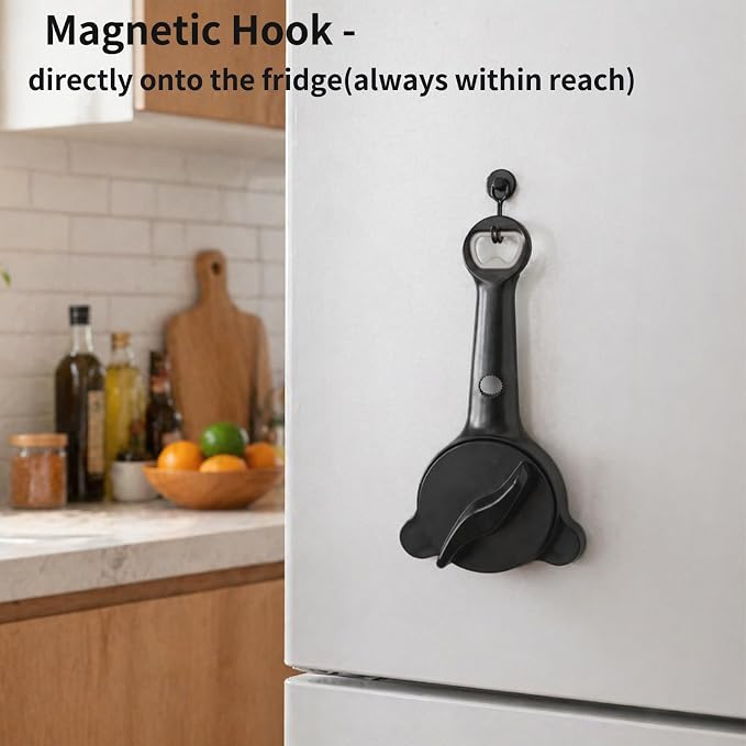 Jar Opener for Weak Hands, Seniors with Arthritis, 4-in-1 Multi-Purpose Lid Opener Includes Magnetic Hook & Rubber Gripper for Jars, Bottles and Beer Caps (Black)