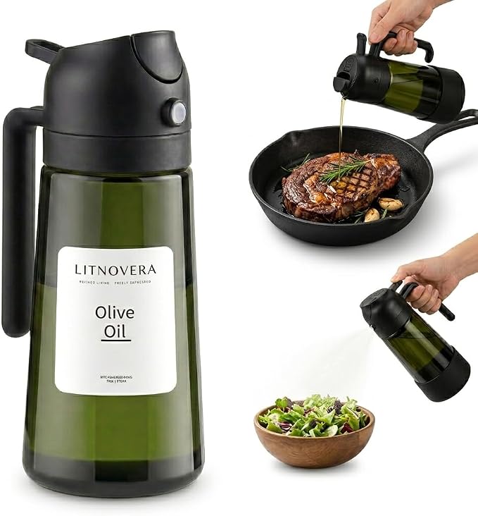 2-in-1 Oil Sprayer Dispenser, 16oz UV-Blocking Glass, Non-Slip | Extra Stability, Easy Refill, Refined Aesthetic