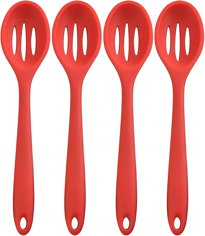 Linwnil 4 Pieces Silicone Slotted Spoons,10.6 Inch Nonstick Mixing Serving Spoons for Kitchen Cooking Bake Stir Draining Tool (4, Red)