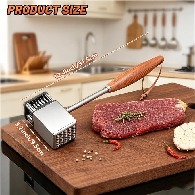 2 in 1 Meat Tenderizer Hammer, Heavy Duty Weighted Stainless Steel Needle Mallet with Non-Slip Natural Rosewood Handle, Easy to Clean Kitchen Tool for Steak Beef Pork Poultry, Ideal Cooking Gift
