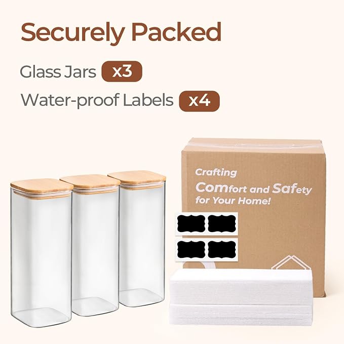 ComSaf Glass Storage Containers wtih Lids 1.9 Qt, Set of 3 Food Storage Jar | Pantry Storage Containers, Glass Jar, Square Canisters, Bamboo Lid with Silicone Seal, Cookie, Cereal, Coffee, 61oz, BPA Free